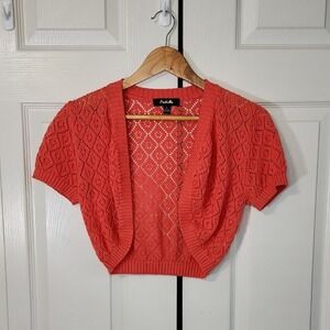 Arabella Womens Coral Short Sleeve Open Front Shrug SM/MED Cottagecore Colorful